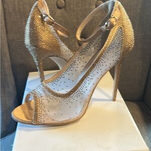Gold Mesh Peep-Toe Ankle-Strap Stiletto Heels